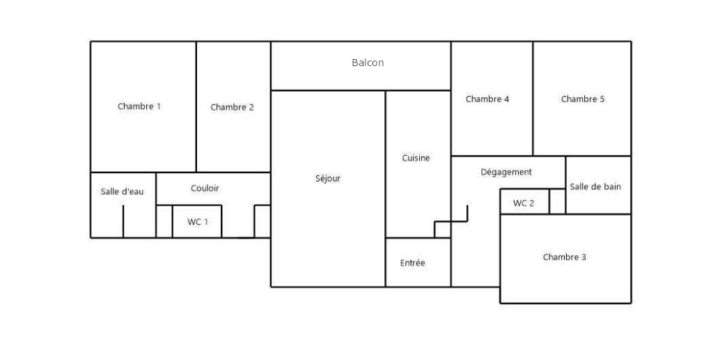 Plan de l’appartement : cinq chambres, séjour, cuisine, balcon, deux salles de bain, deux WC